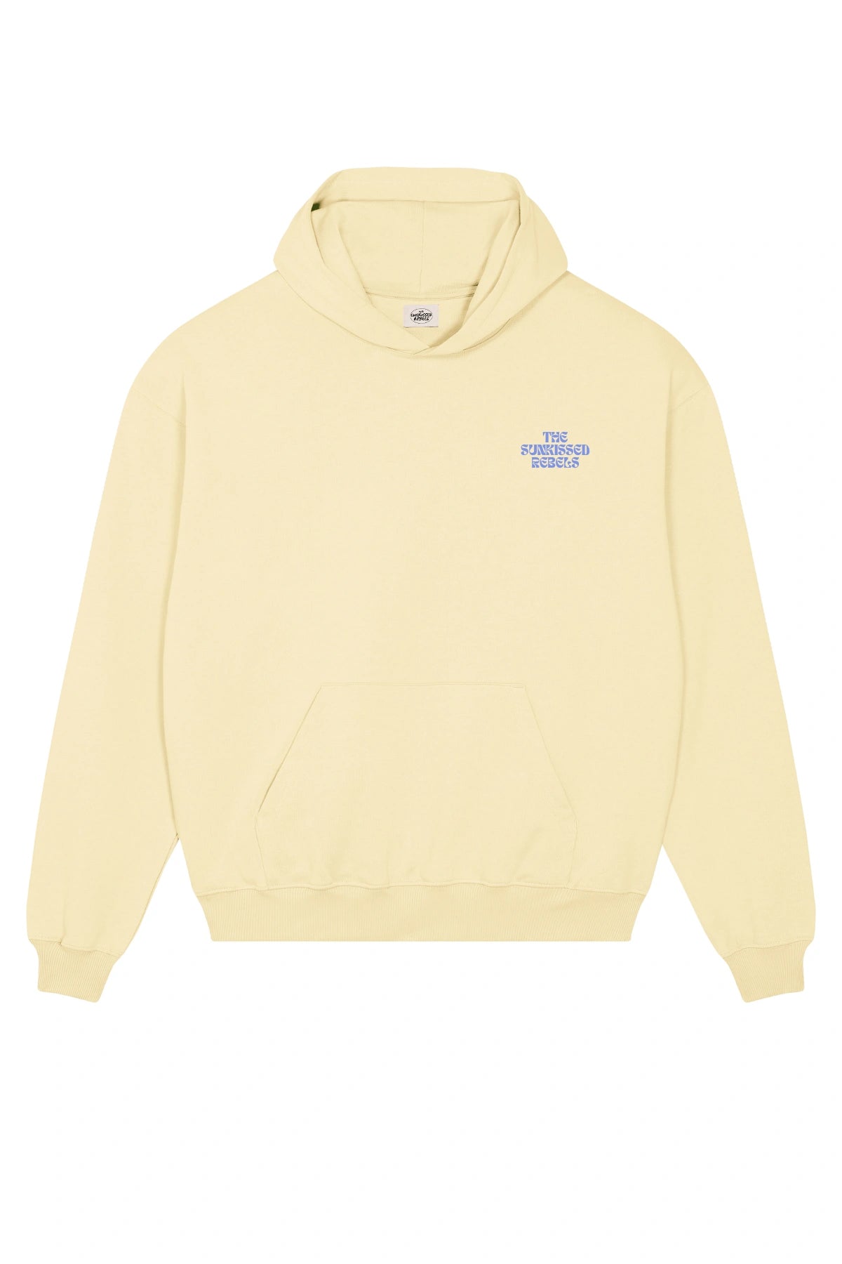 Vorderseite des Oversized Hoodie in Buttergelb mit The Sunkissed Rebels Logo in Lavendel – minimalistischer Look