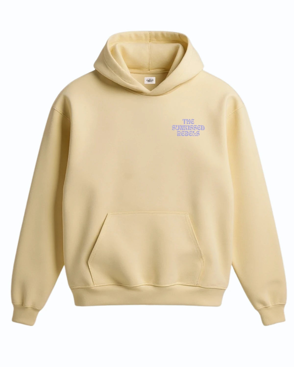 Buttergelber Hoodie mit lila Brustlogo ‘THE SUNKISSED REBELS’.