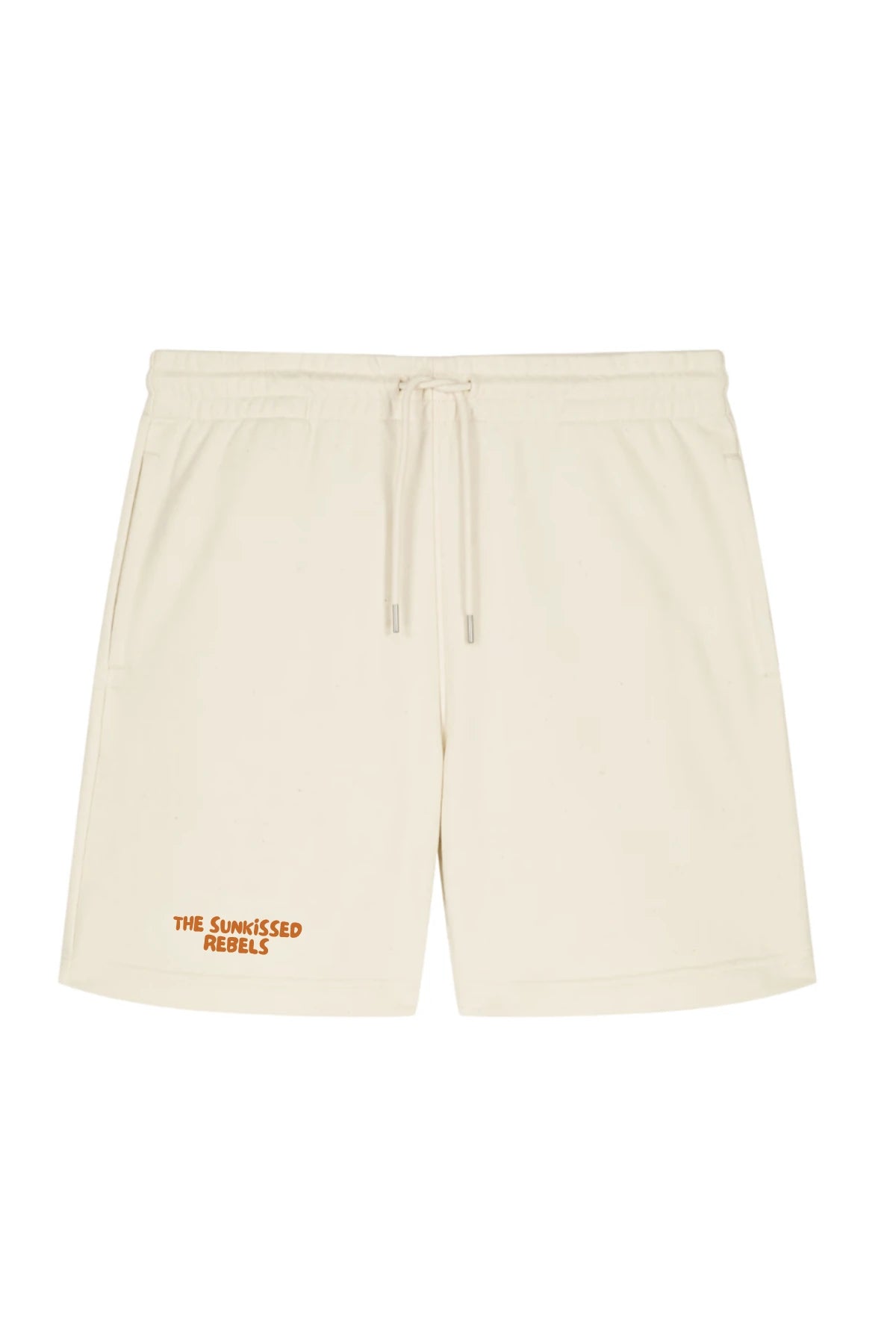 Frontansicht der beigen Sweat Shorts mit Kordelzug und kleinem Logo Print