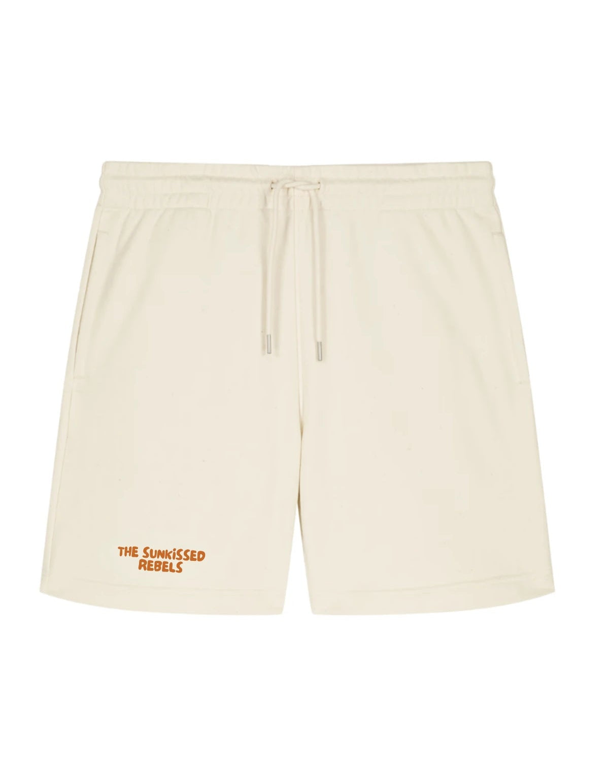 Frontansicht der beigen Sweat Shorts mit Kordelzug und kleinem Logo Print