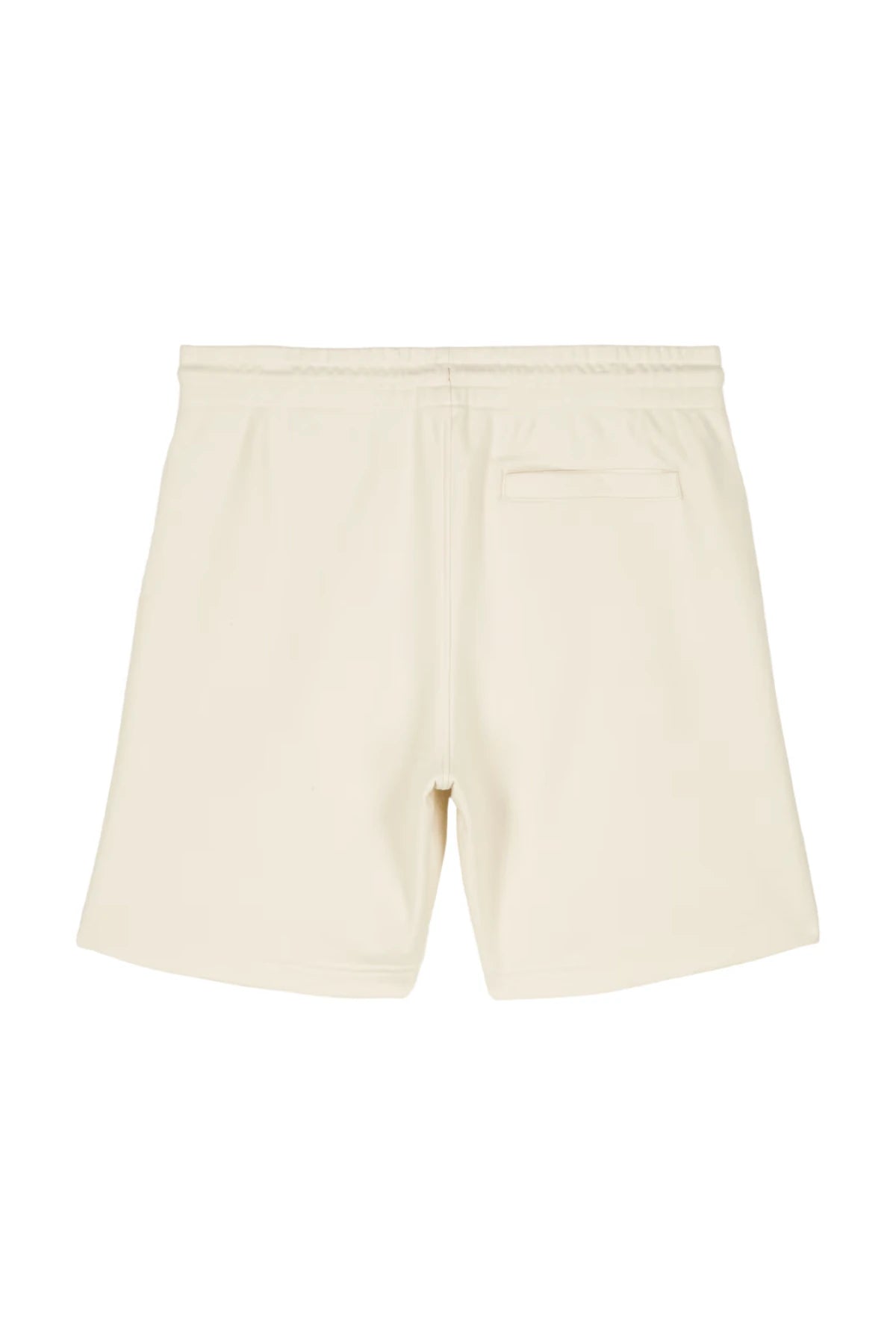 Rückansicht der beigen Sweat Shorts mit minimalistischem Design und Tasche
