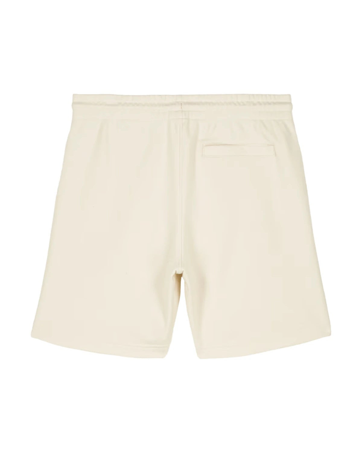 Rückansicht der beigen Sweat Shorts mit minimalistischem Design und Tasche