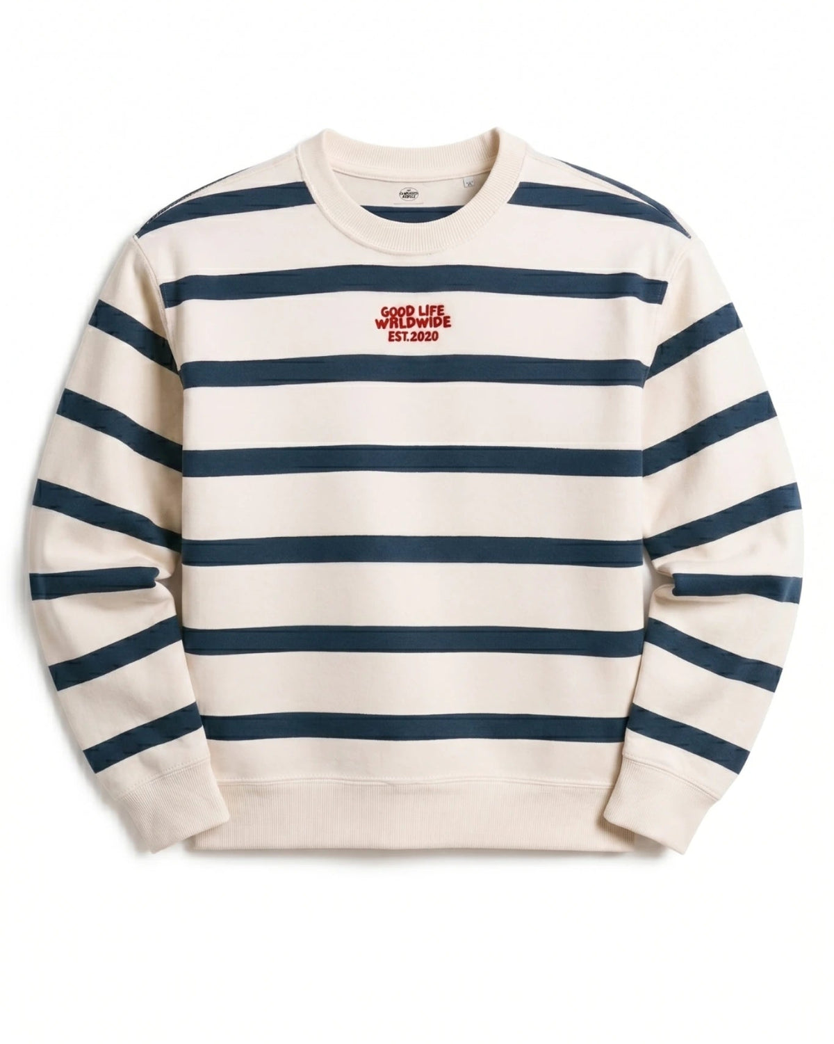 Gestreifter Sweater in Cream mit dunkelblauen Streifen und rotem Schriftzug auf der Vorderseite