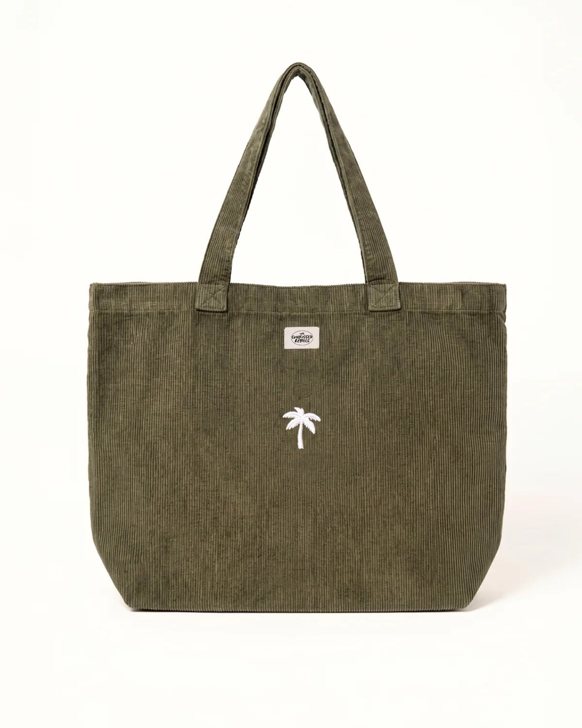 Frontansicht der olivgrünen Palm Tree Cord Bag aus Bio-Baumwolle mit weißem Palmen-Stick-Logo auf hellem Hintergrund.