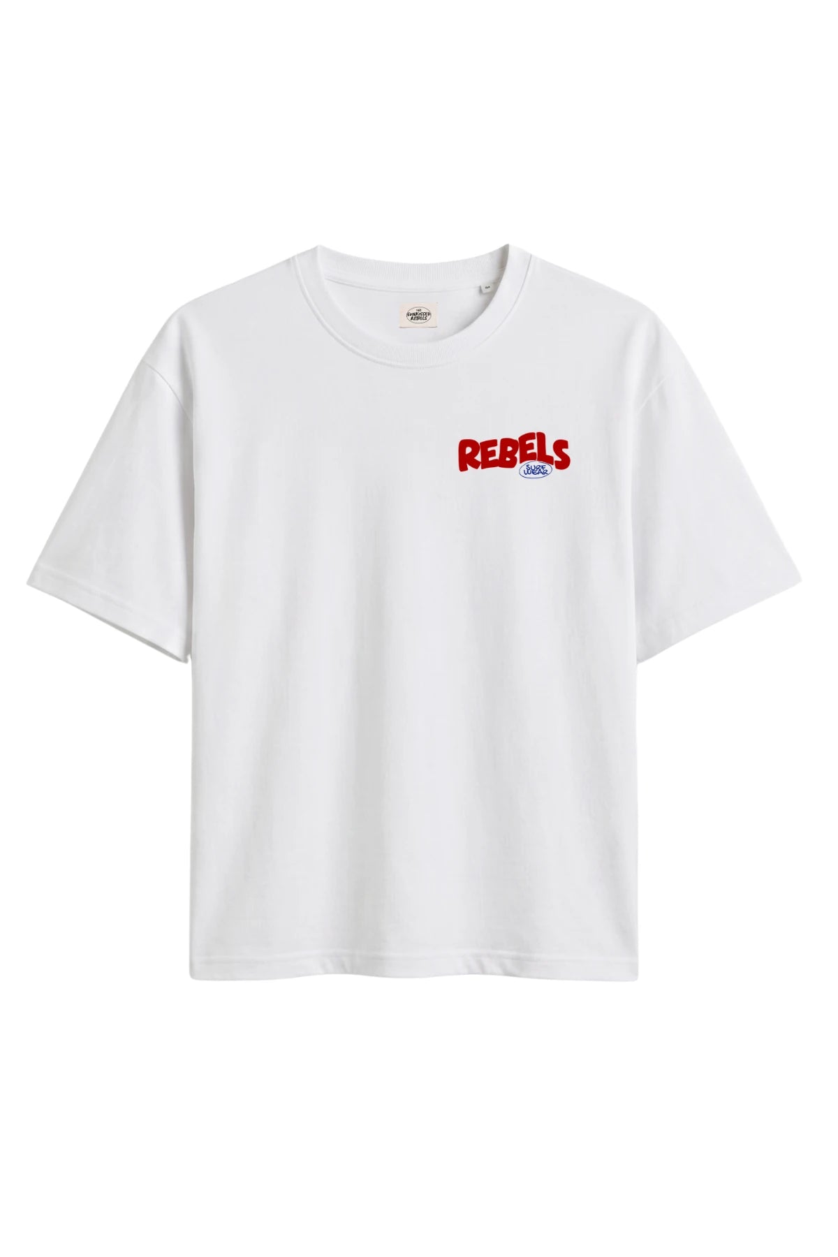 Vorderseite vom Rebels Surf Wear Light T-Shirt in Weiß mit kleinem Frontprint
