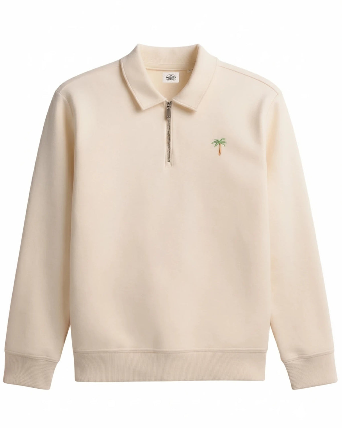 Beiger Half-Zip Sweater mit kleinem gestickten Palmen Logo und Reißverschluss am Kragen in Premium Qualität