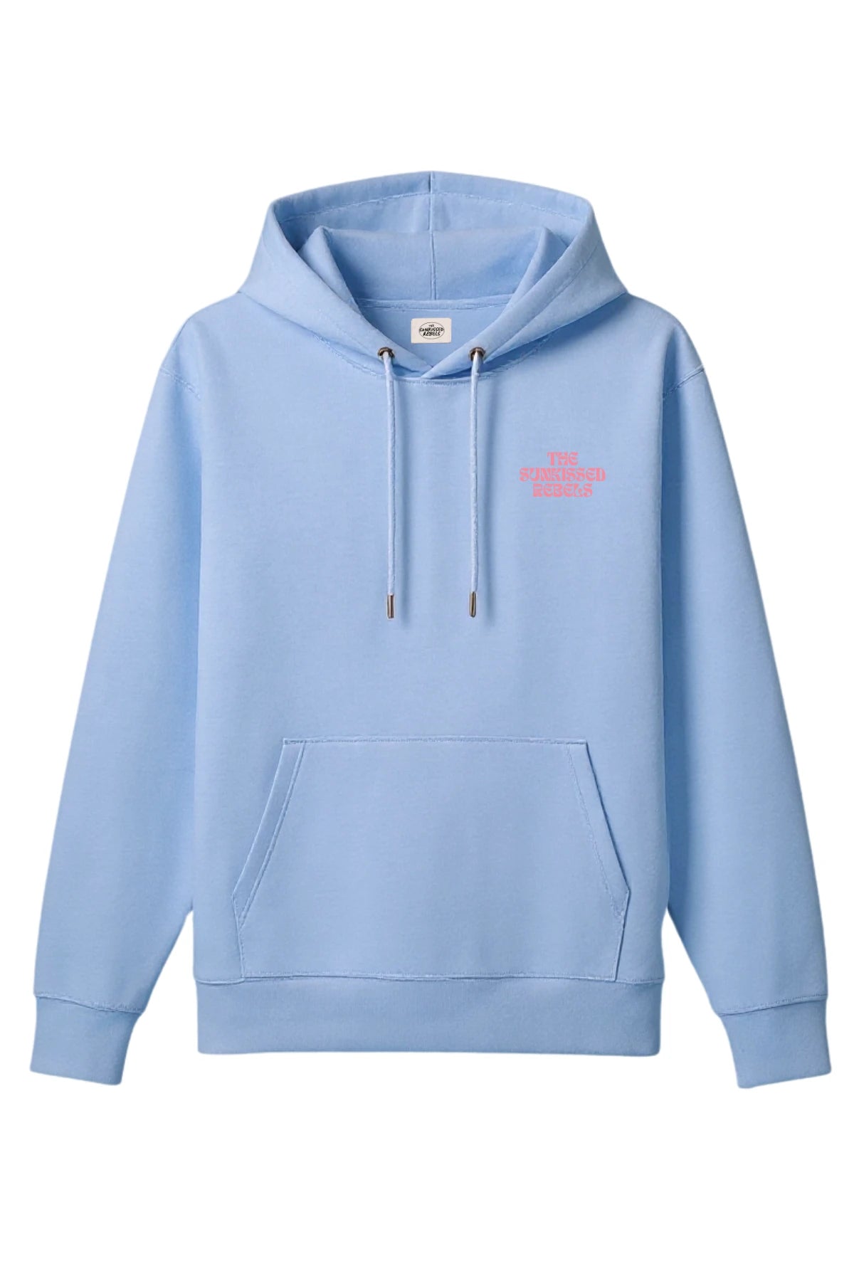 Hellblauer Hoodie mit rosa Brustlogo ‘THE SUNKISSED REBELS’.