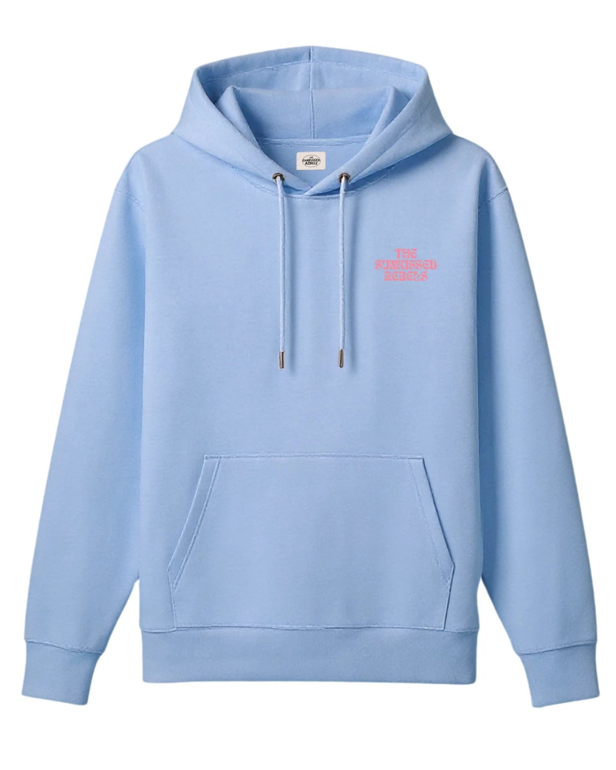 Hellblauer Hoodie mit rosa Brustlogo ‘THE SUNKISSED REBELS’.