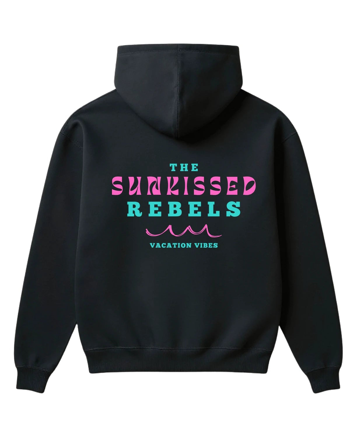 Schwarzer Oversized Hoodie mit großem Rückendruck ‘THE SUNKISSED REBELS – VACATION VIBES’ in Pink und Türkis.