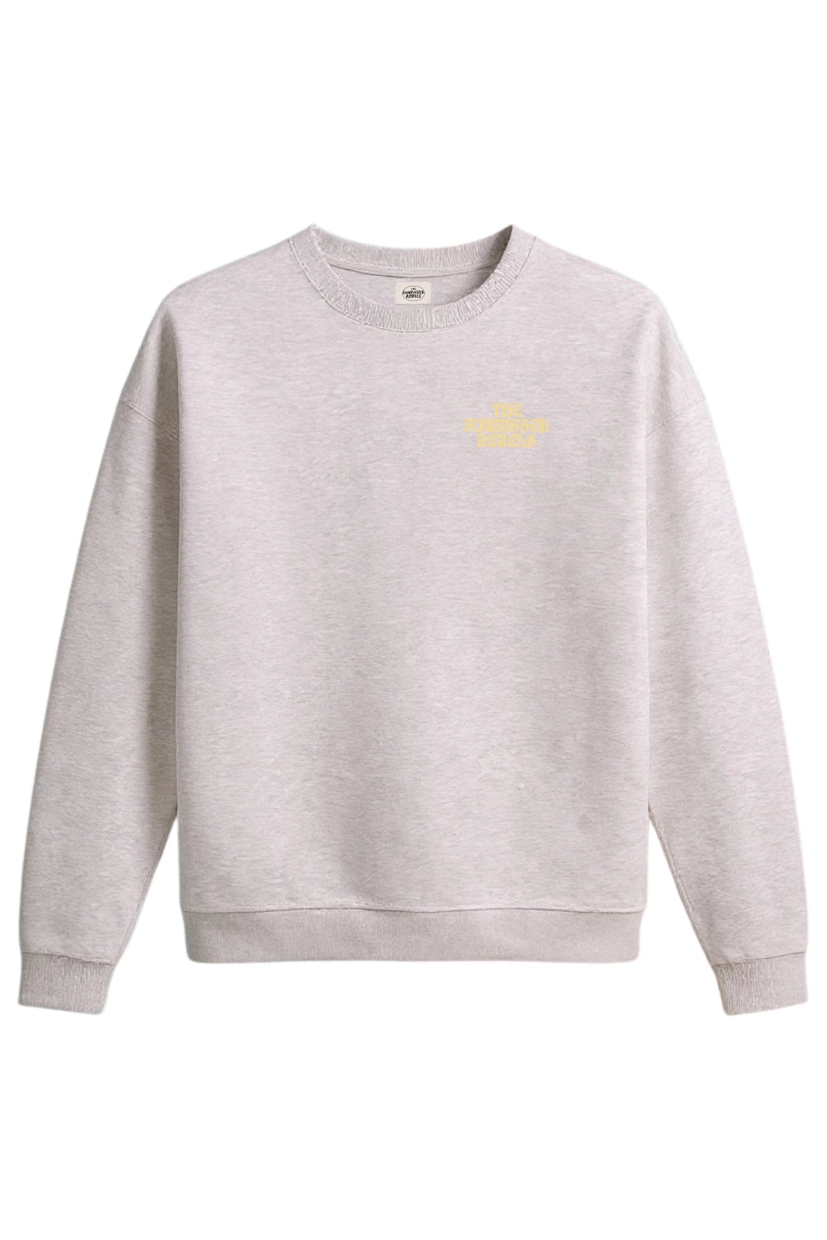 A Good Day Sweater in Cool Grey, Vorderseite mit dezenter buttergelber Brusprint.