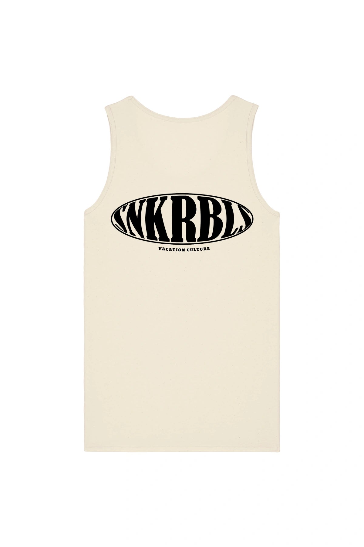 Rückansicht des SNKRBLS Tank Tops in Natural Raw mit großem Logo-Print – lässige Vacation Culture Optik