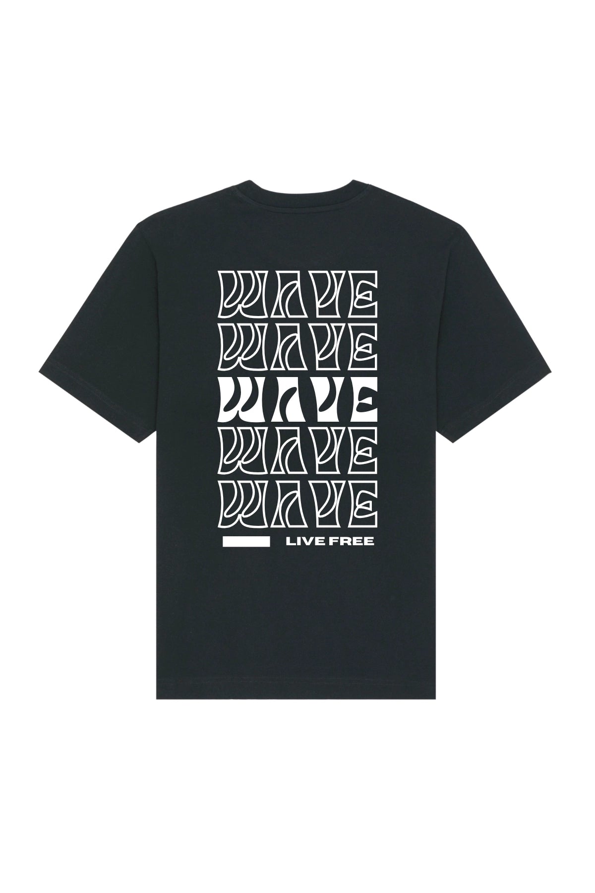 Rückseite des schwarzen LIVE FREE T-Shirts mit weißem Print von The Sunkissed Rebels