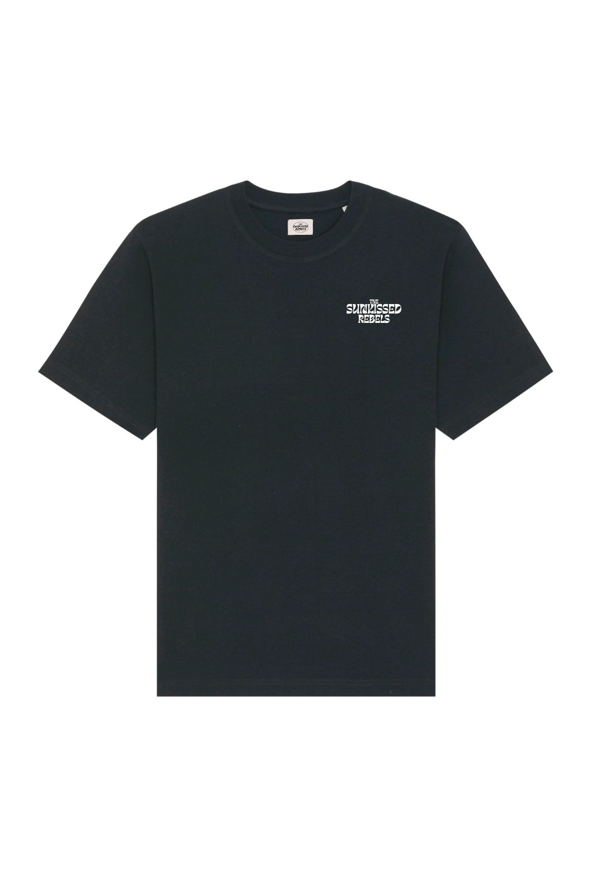 Vorderseite des schwarzen oversized T-Shirts Live Free mit weißem Logo von The Sunkissed Rebels