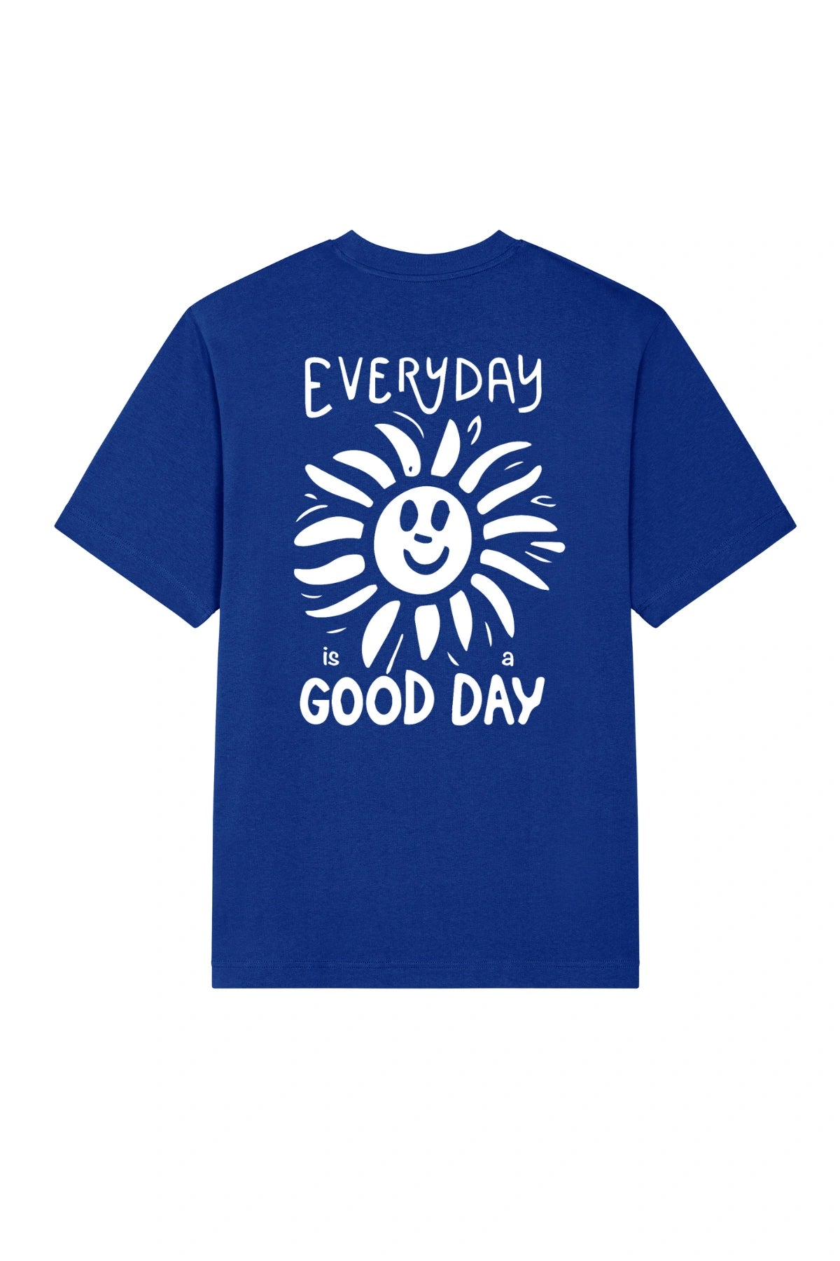 Royalblaues Oversized T-Shirt mit großem Rückendruck einer stilisierten Sonne und dem Spruch "Everyday is a Good Day" – positive Vibes im Retro-Stil.