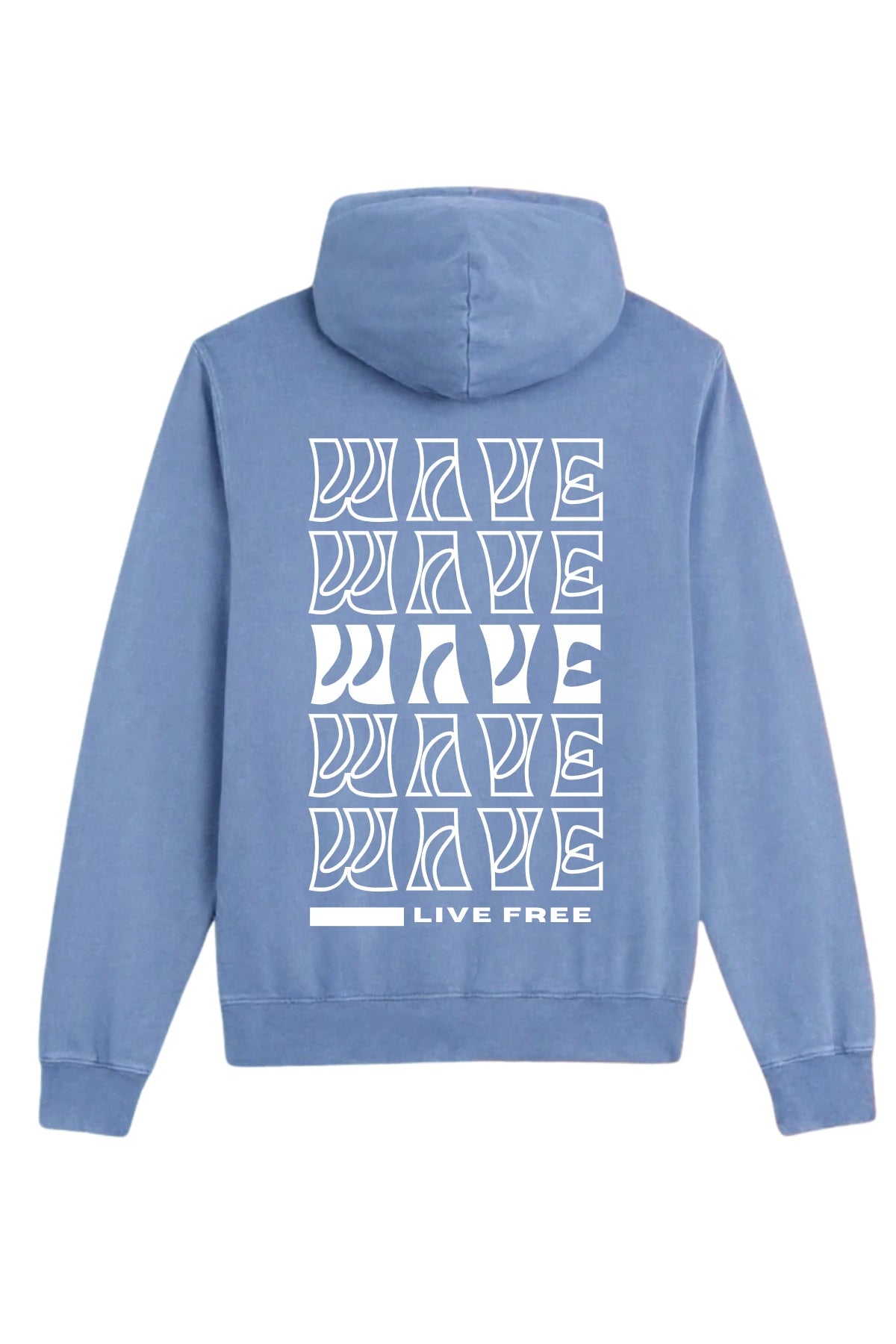 Live Free Hoodie Vintage Blue Soul – Rückenansicht mit WAVE Grafikprint in Weiß
