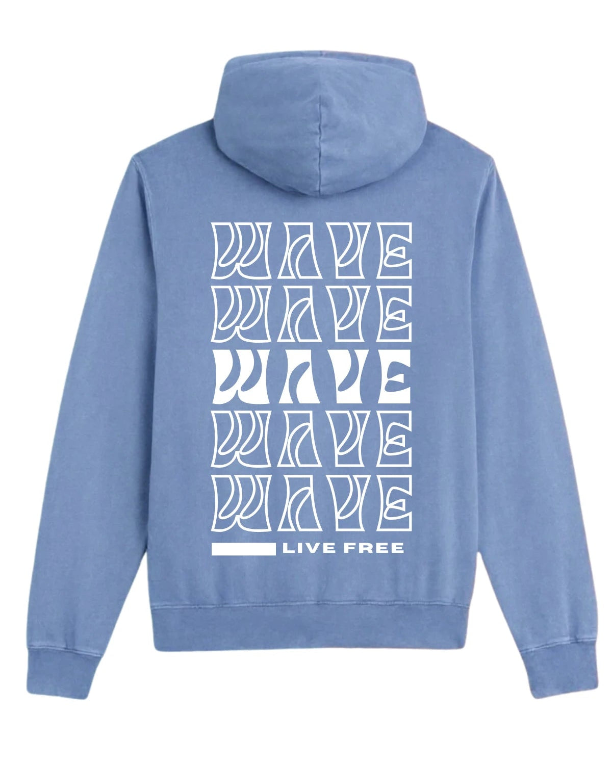 Live Free Hoodie Vintage Blue Soul – Rückenansicht mit WAVE Grafikprint in Weiß
