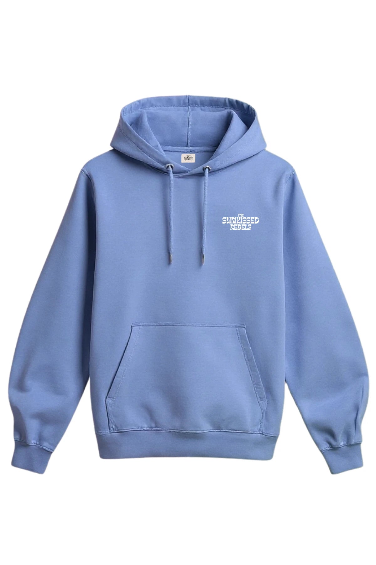 Live Free Hoodie Vintage Blue Soul – Vorderansicht mit The Sunkissed Rebels Brustlogo in Weiß