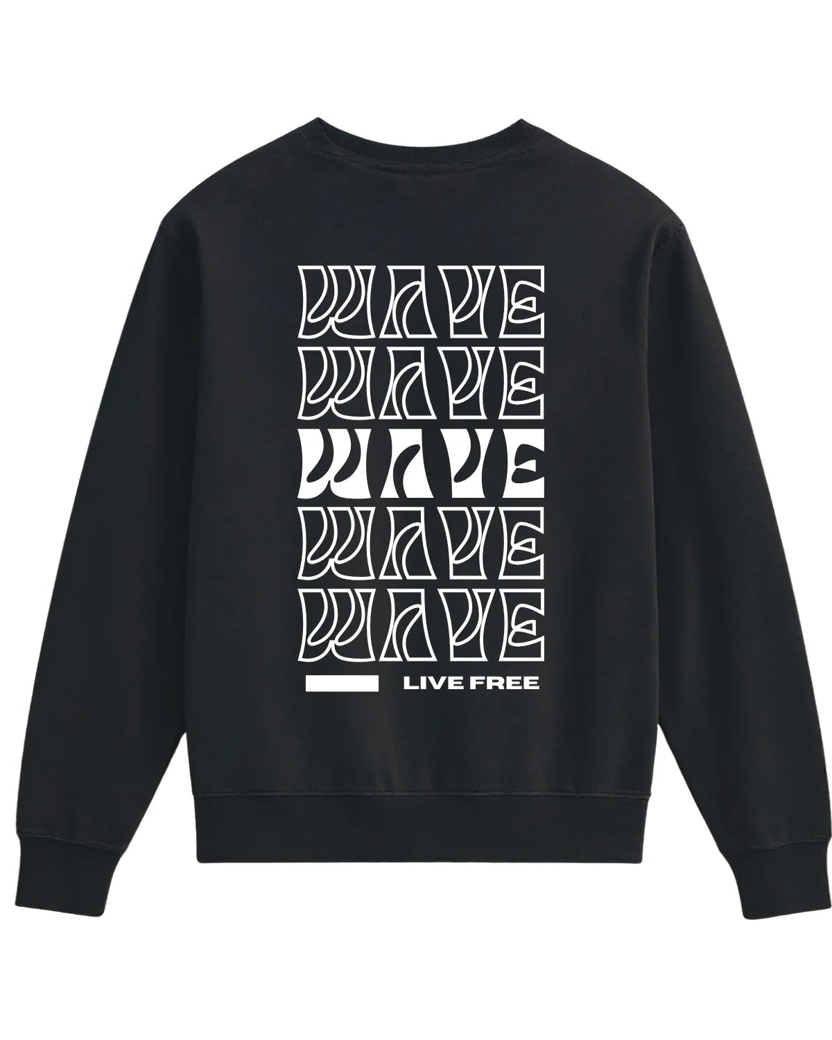 Schwarzer Vintage Sweater mit großem „WAVE • LIVE FREE“ Backprint in Weiß, Rückansicht.