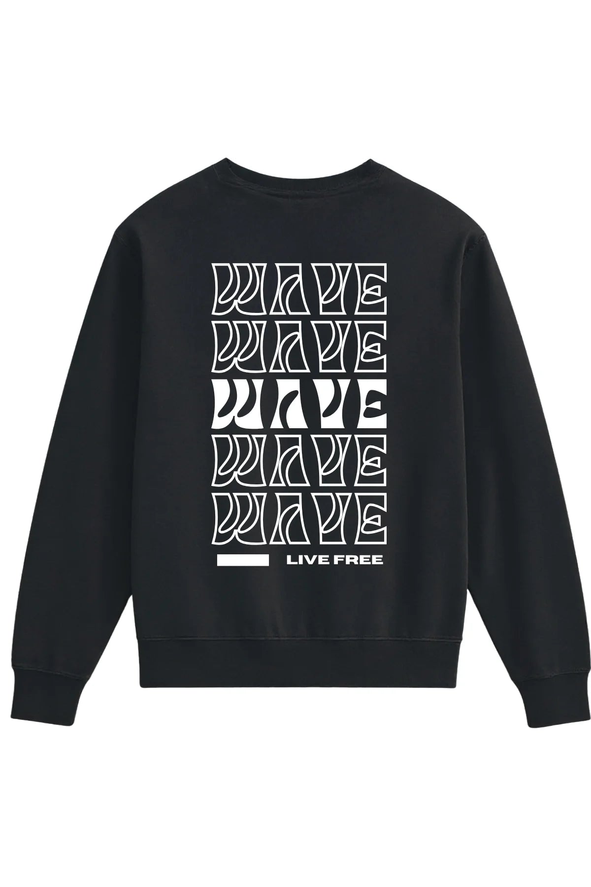 Schwarzer Vintage Sweater mit großem „WAVE • LIVE FREE“ Backprint in Weiß, Rückansicht.