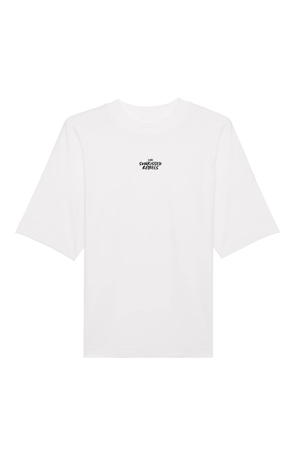 Vorderseite des weißen Oversized T-Shirts mit The Sunkissed Rebels Logo
