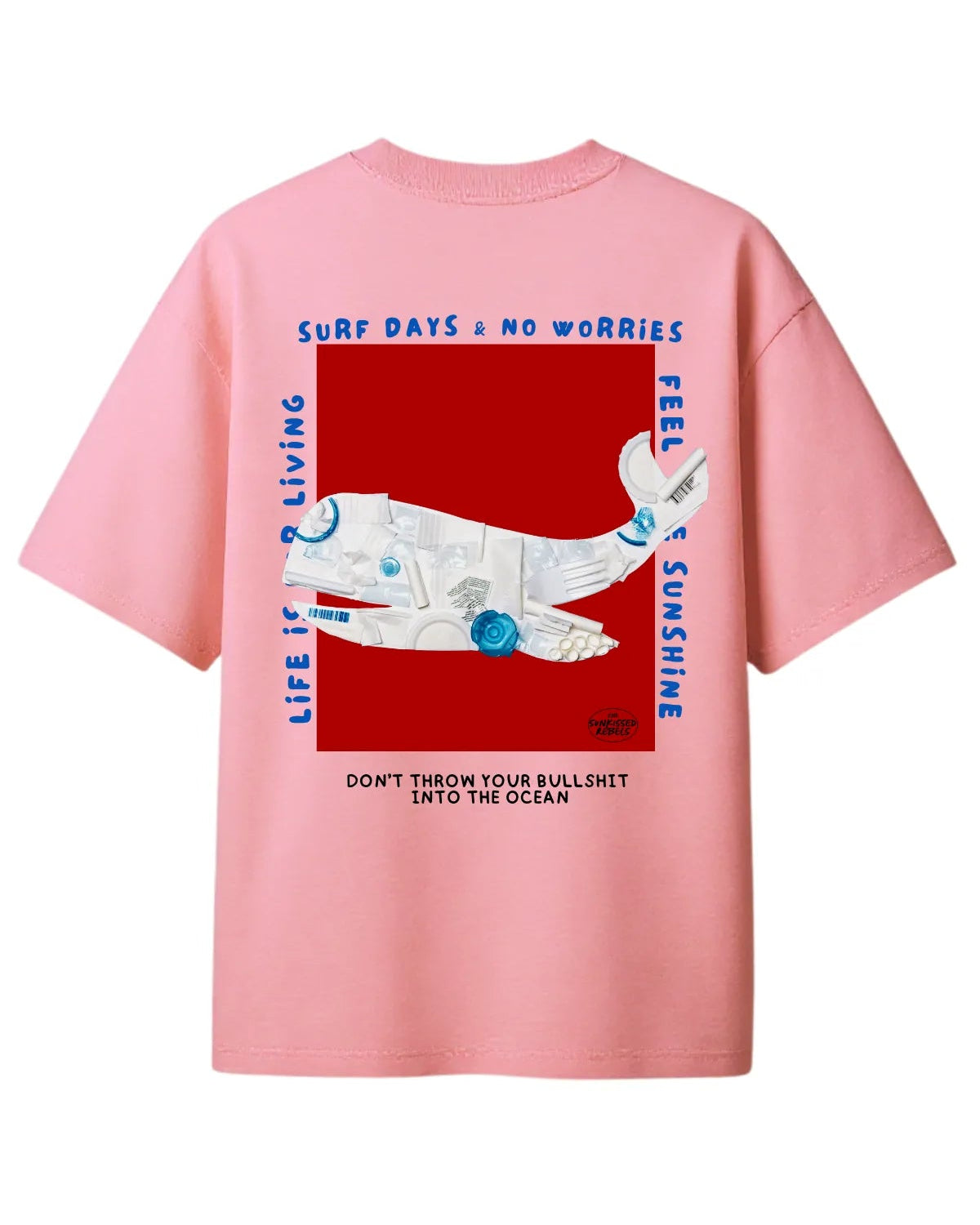Rückseite des No Bullshit Whale Oversized T-Shirts in Pink mit großem Wal-Grafikprint und Anti-Plastik Message.