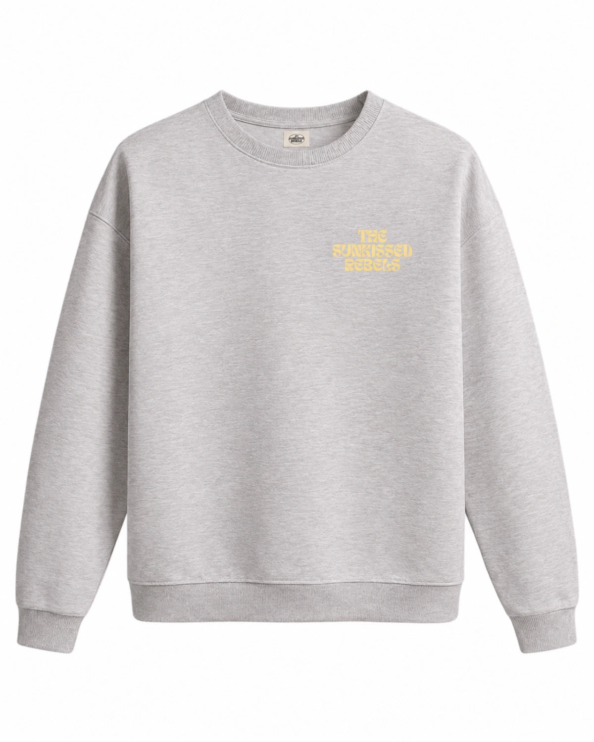 packshot aufnahme a good day oversized sweater in grau mit gelben palmenprint front