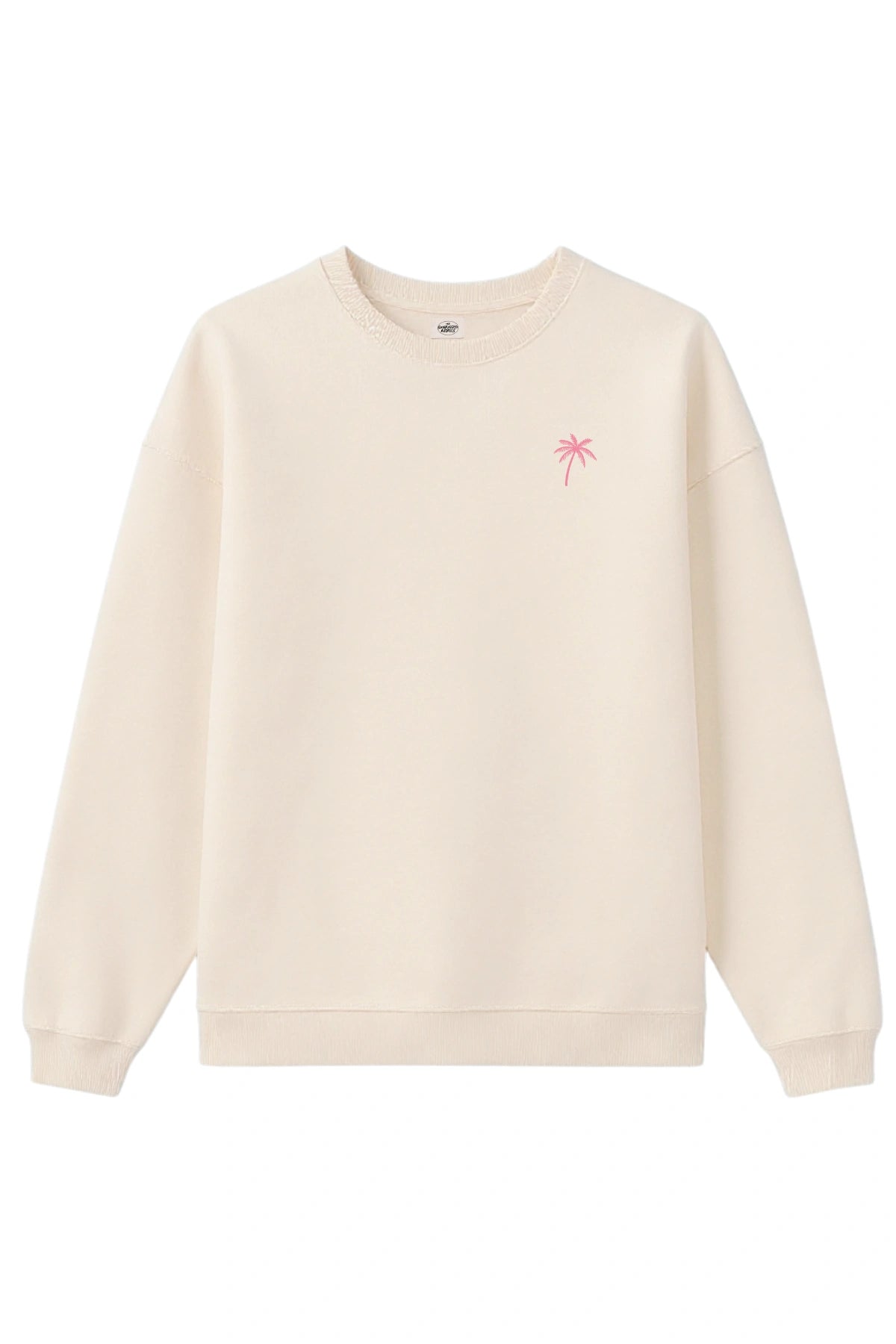 Palm Tree Oversized Sweater in Cream mit kleiner rosa Palmen-Stickerei auf der Brust, entspannter Fit.