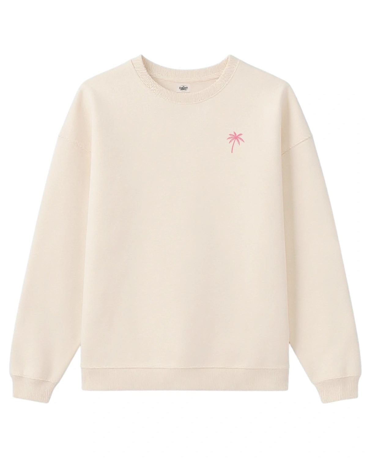 Palm Tree Oversized Sweater in Cream mit kleiner rosa Palmen-Stickerei auf der Brust, entspannter Fit.