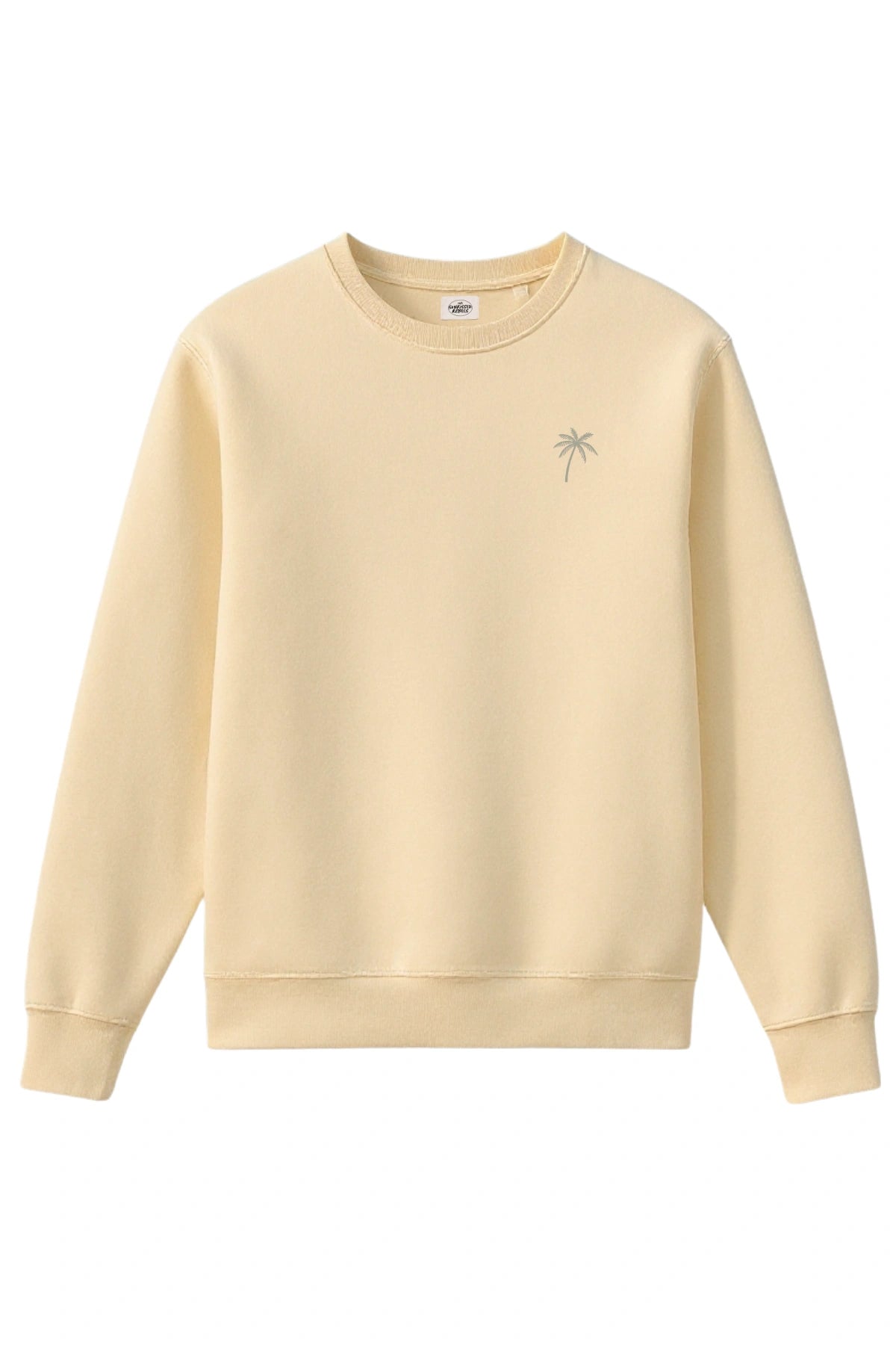 Palm Tree Sweater in Butter-Gelb mit kleiner gestickter Palmen-Grafik auf der Brust, Oversized Style.