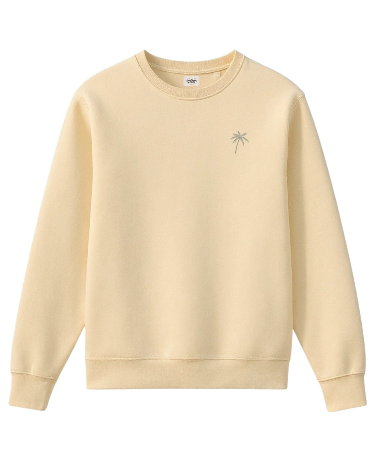 Palm Tree Sweater in Butter-Gelb mit kleiner gestickter Palmen-Grafik auf der Brust, Oversized Style.