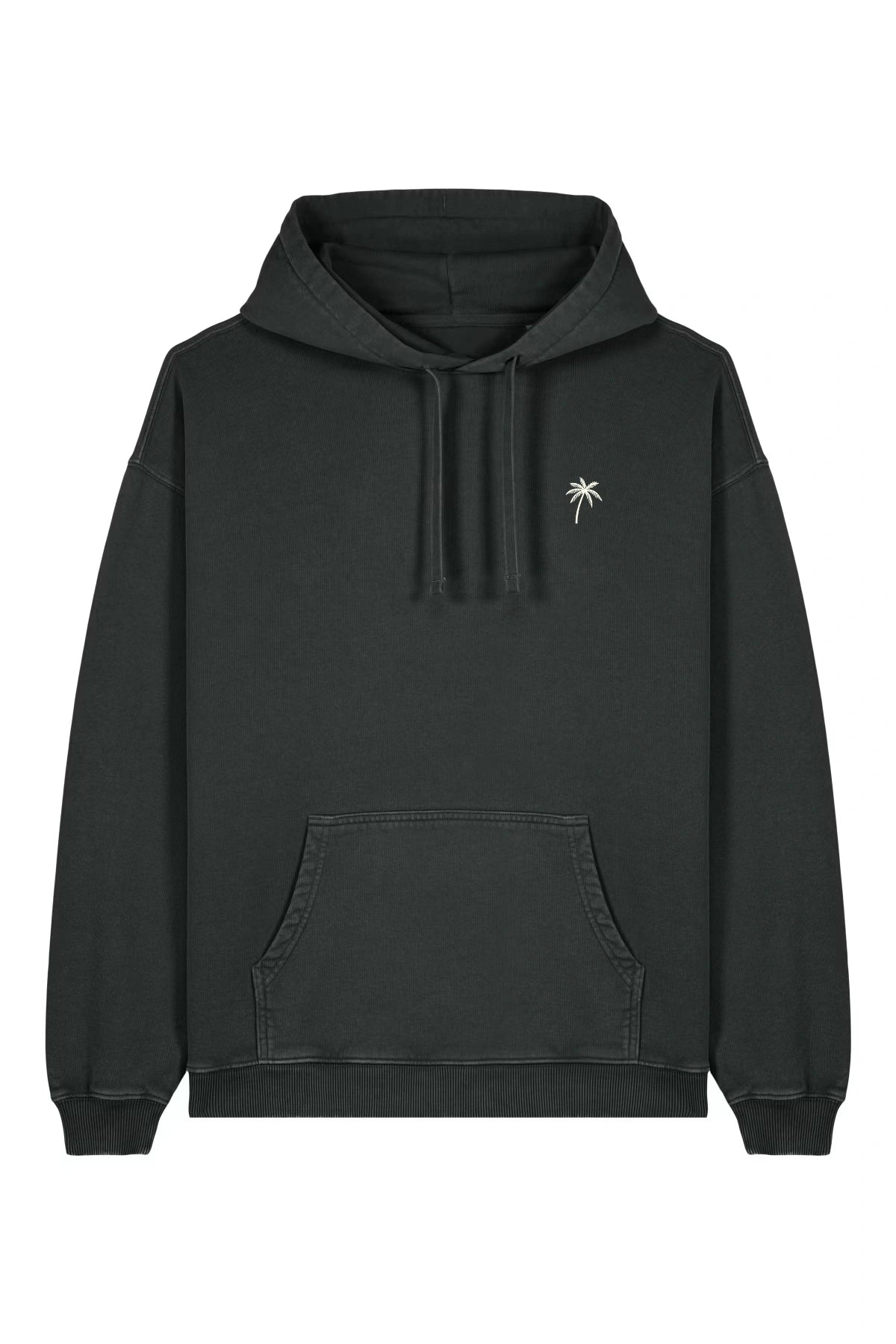 Vorderansicht des Palm Tree Vintage Hoodie Black mit gestickter Palme von The Sunkissed Rebels