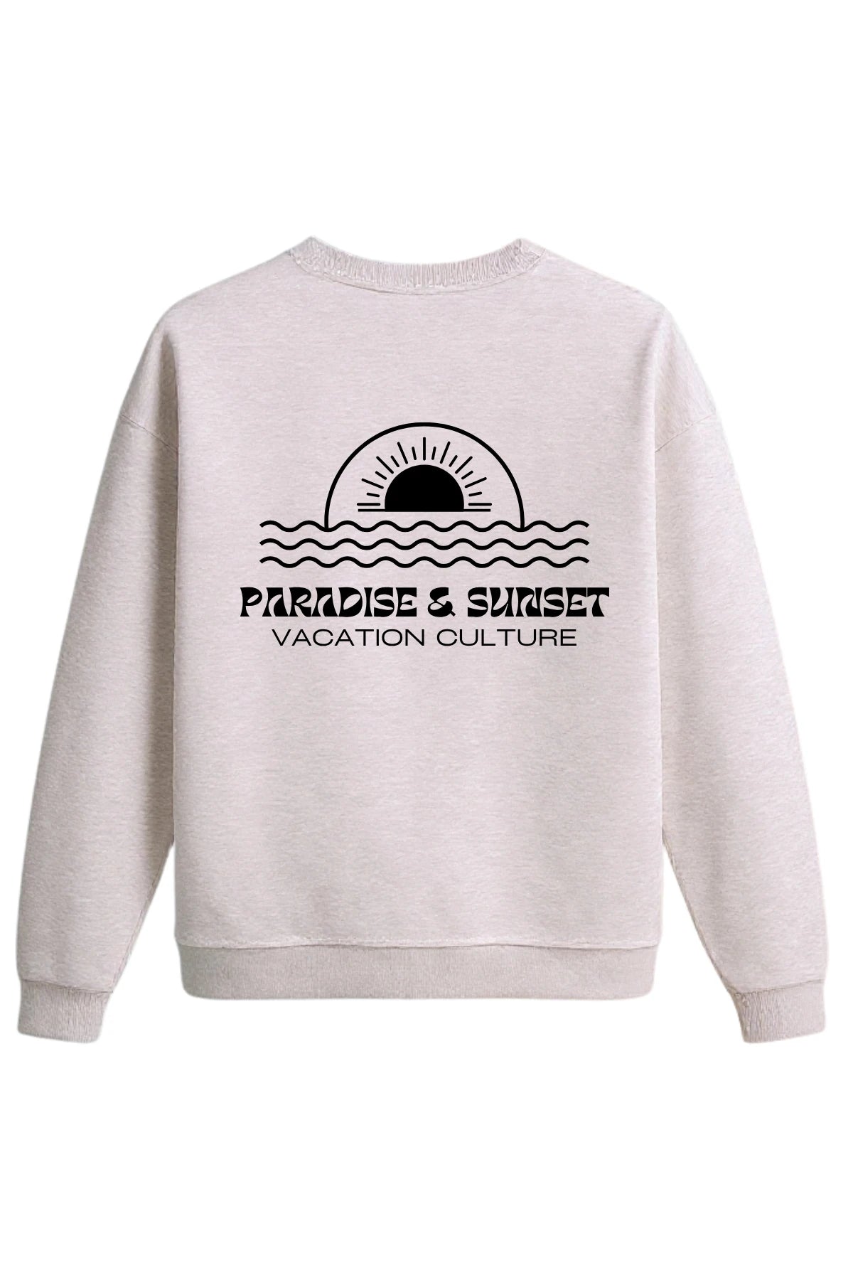 Hellgrauer Sweater mit großem Rückendruck ‘PARADISE & SUNSET – VACATION CULTURE’ und Sonnenmotiv in Schwarz.