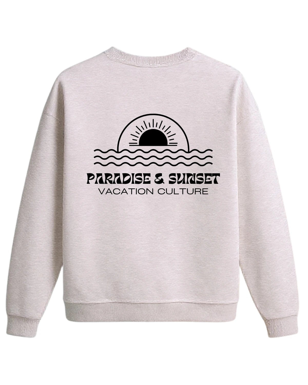 Hellgrauer Sweater mit großem Rückendruck ‘PARADISE & SUNSET – VACATION CULTURE’ und Sonnenmotiv in Schwarz.