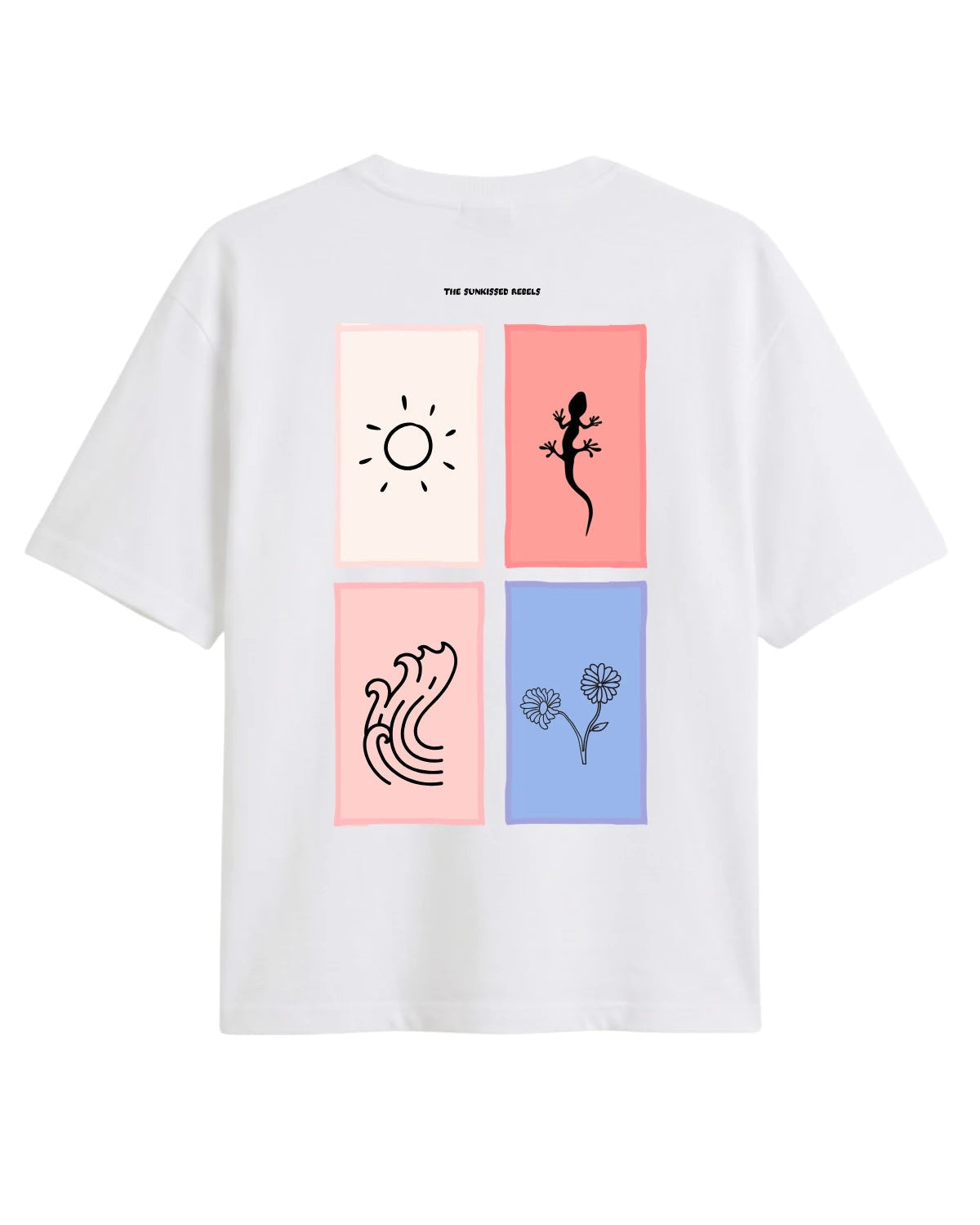 Weißes Oversized T-Shirt mit grafischem Rückenprint aus Sonne, Welle, Gecko und Blumen