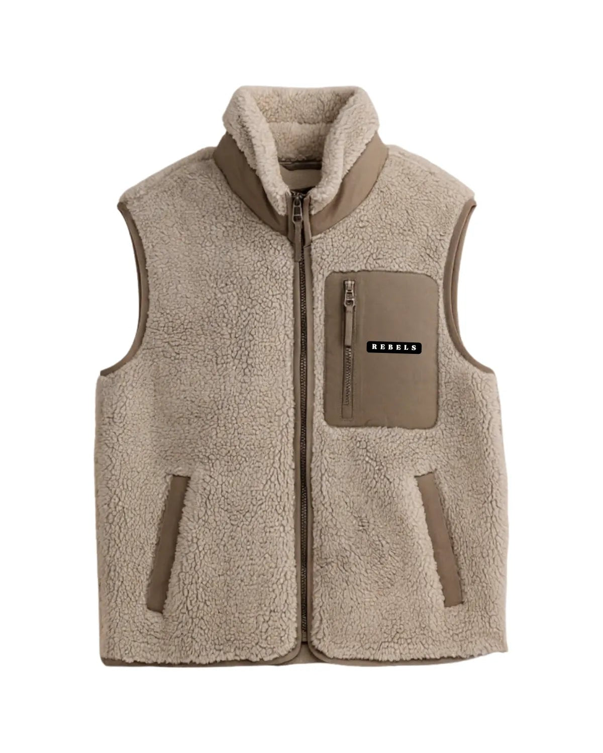 Vorderseite der Rebels Fleece Vest in Beige mit Brusttasche und Reißverschluss.