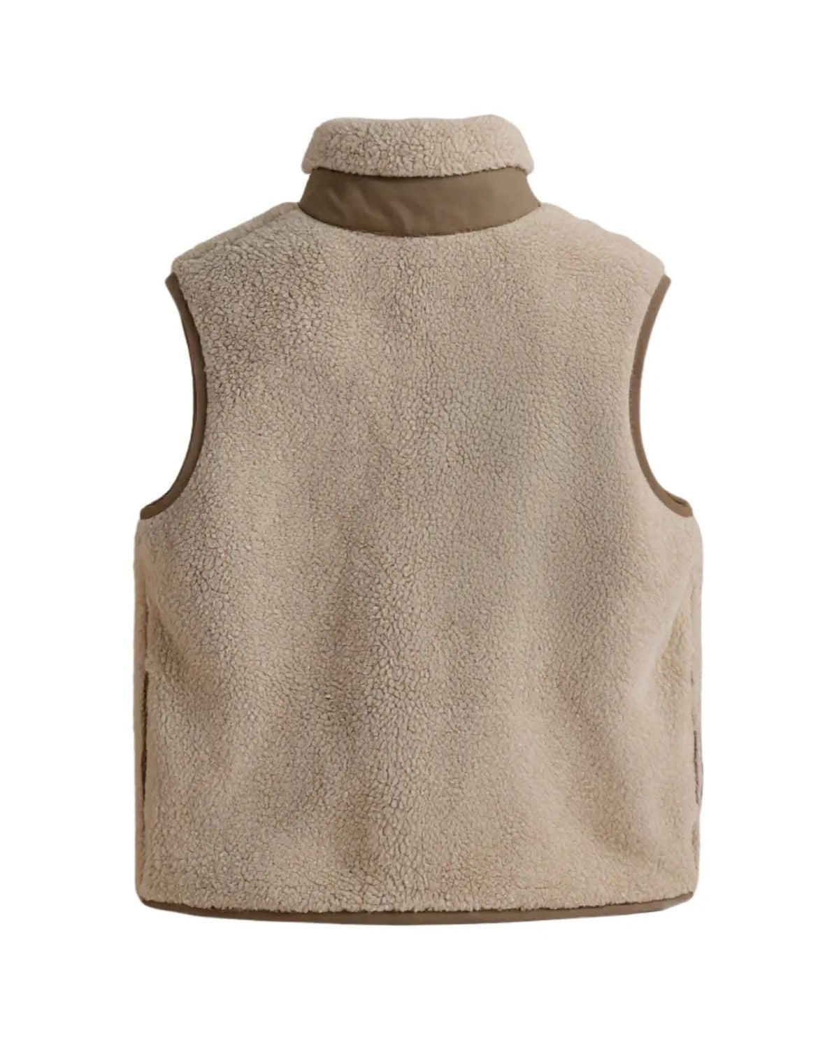 Rückseite der Rebels Fleece Vest in Beige mit kuscheliger Sherpa-Optik und Stehkragen.
