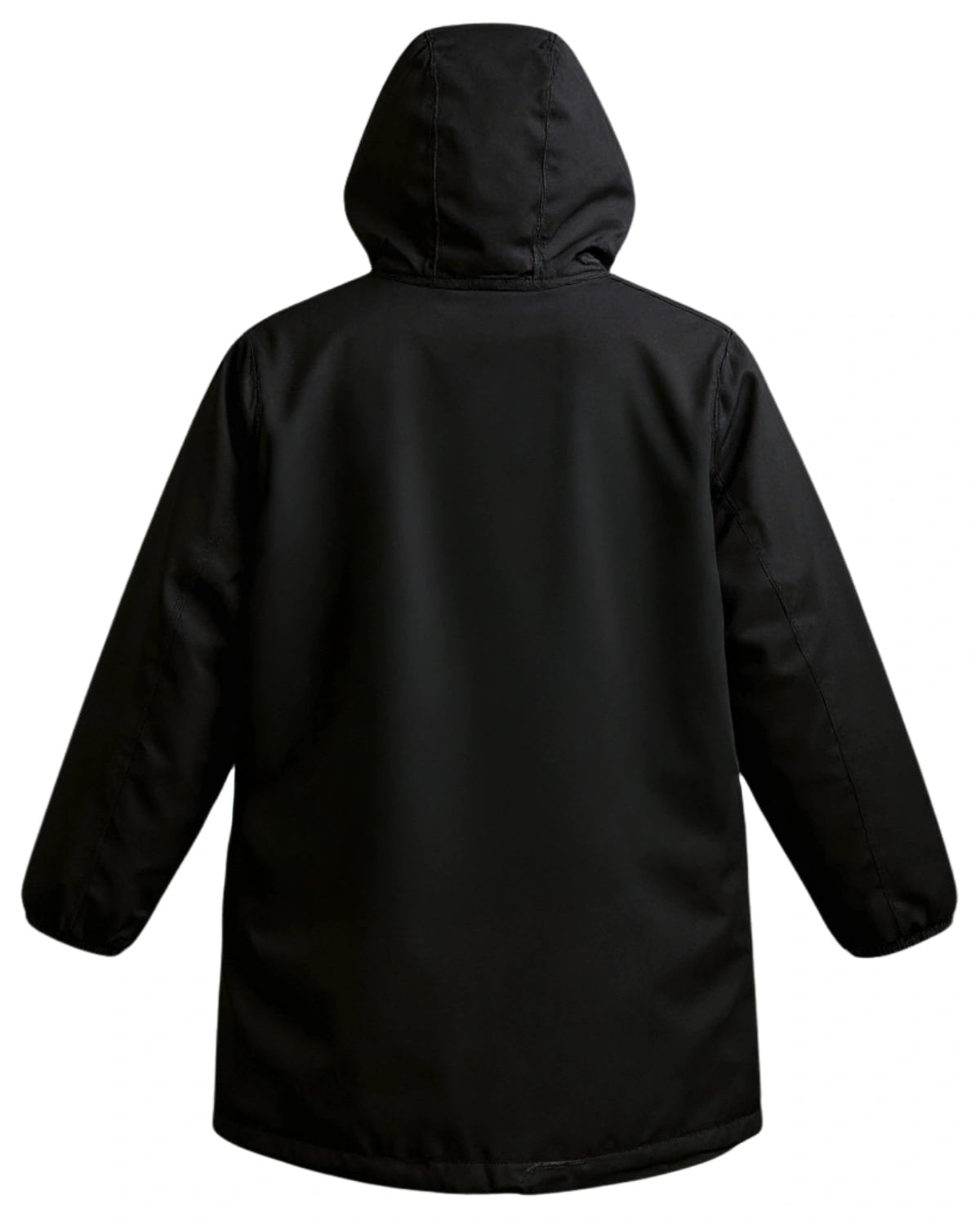 „Rückansicht der Rebels Waterproof Sherpa Jacket in Schwarz mit Kapuze und verlängertem Schnitt.“