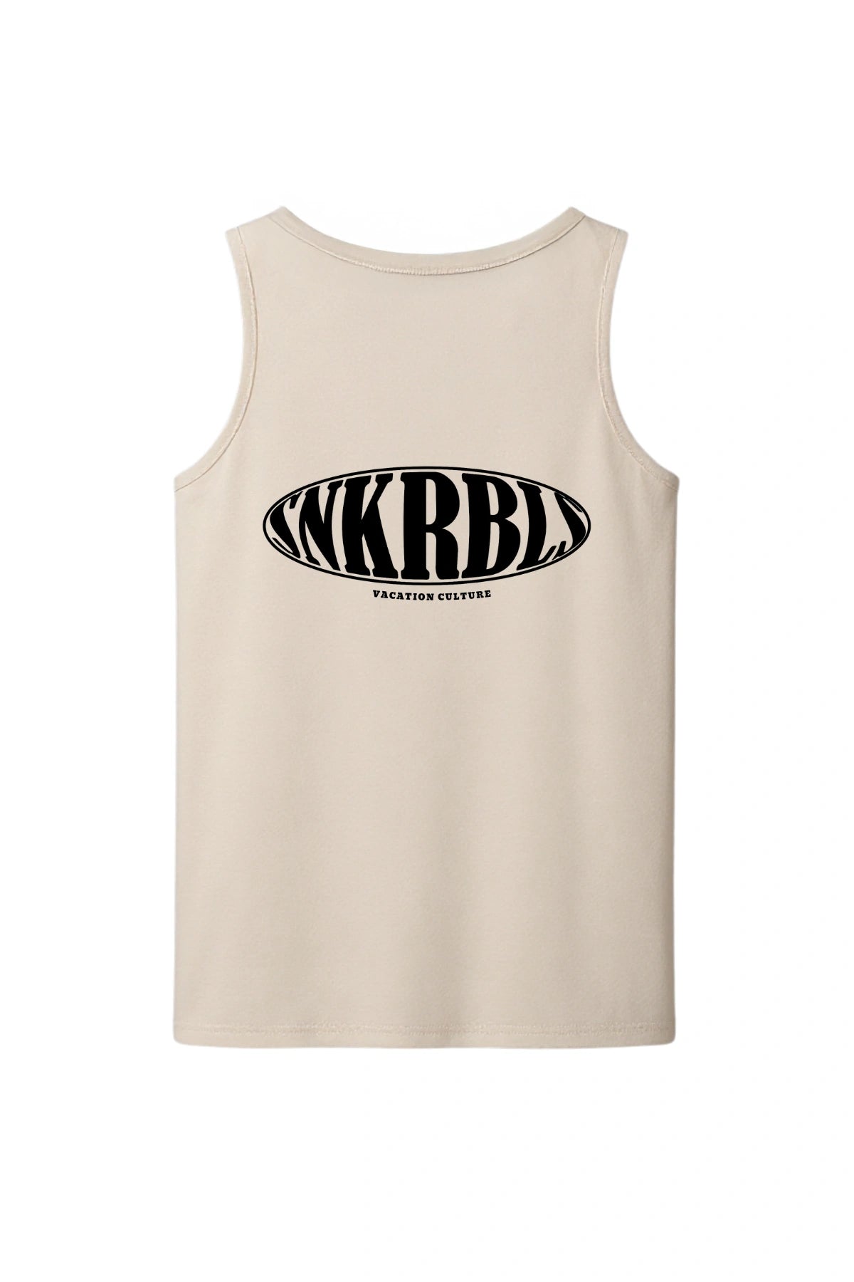 SNKRBLS Tank Top in Natural Raw – Rückseite mit großem schwarz-weißen SNKRBLS Logo.