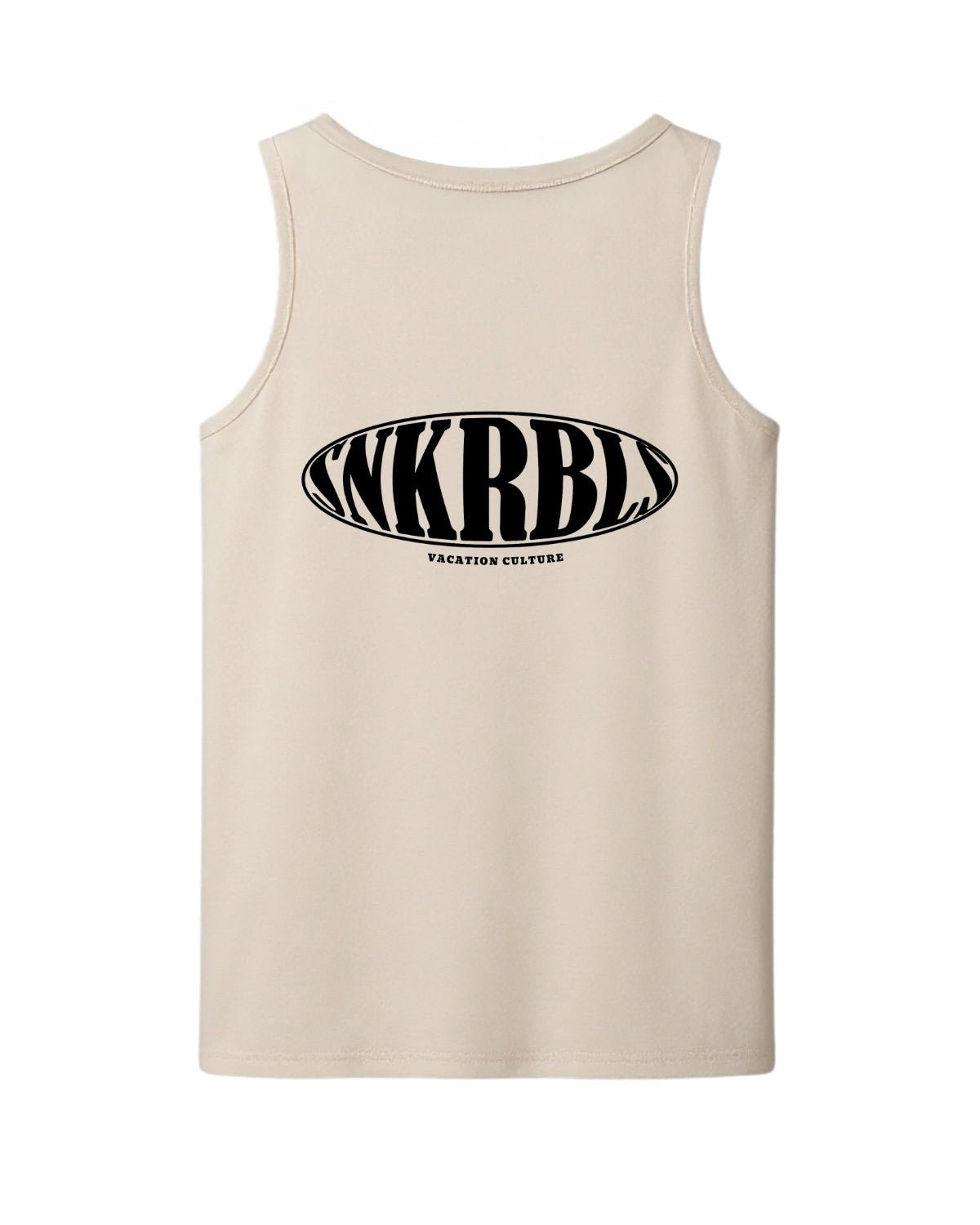 SNKRBLS Tank Top in Natural Raw – Rückseite mit großem schwarz-weißen SNKRBLS Logo.