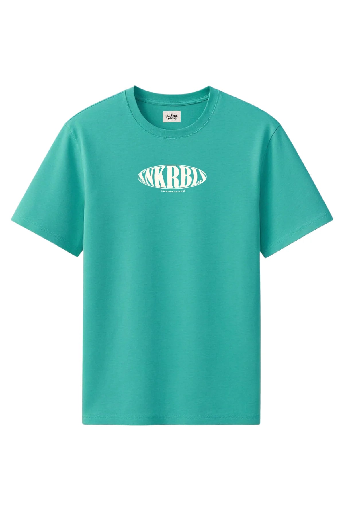 Vorderseite des SNKRBLS T-Shirts in Pool Blue mit weißem SNKRBLS Oval-Logo.