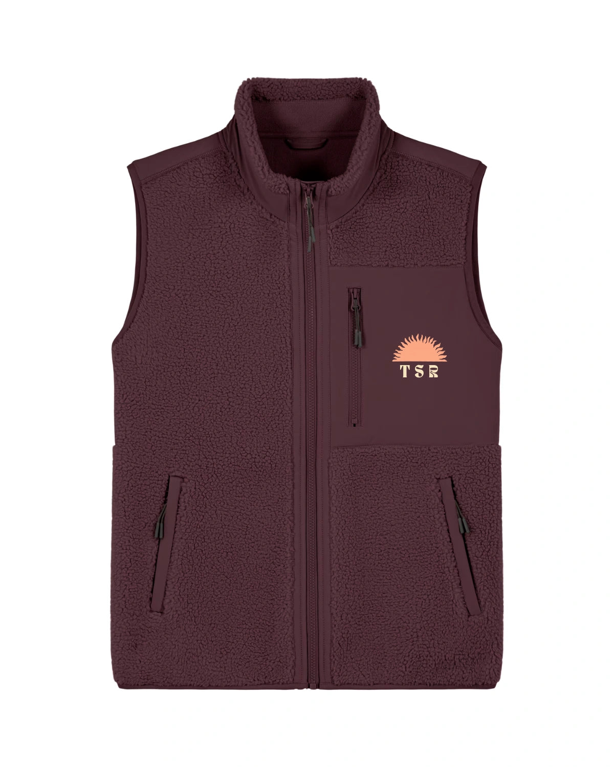 Sundown Fleece Vest in Burgundy – bordeauxrote Sherpa-Fleeceweste mit 450 GSM, Stehkragen, drei Reißverschlusstaschen und TSR-Sonnenprint.