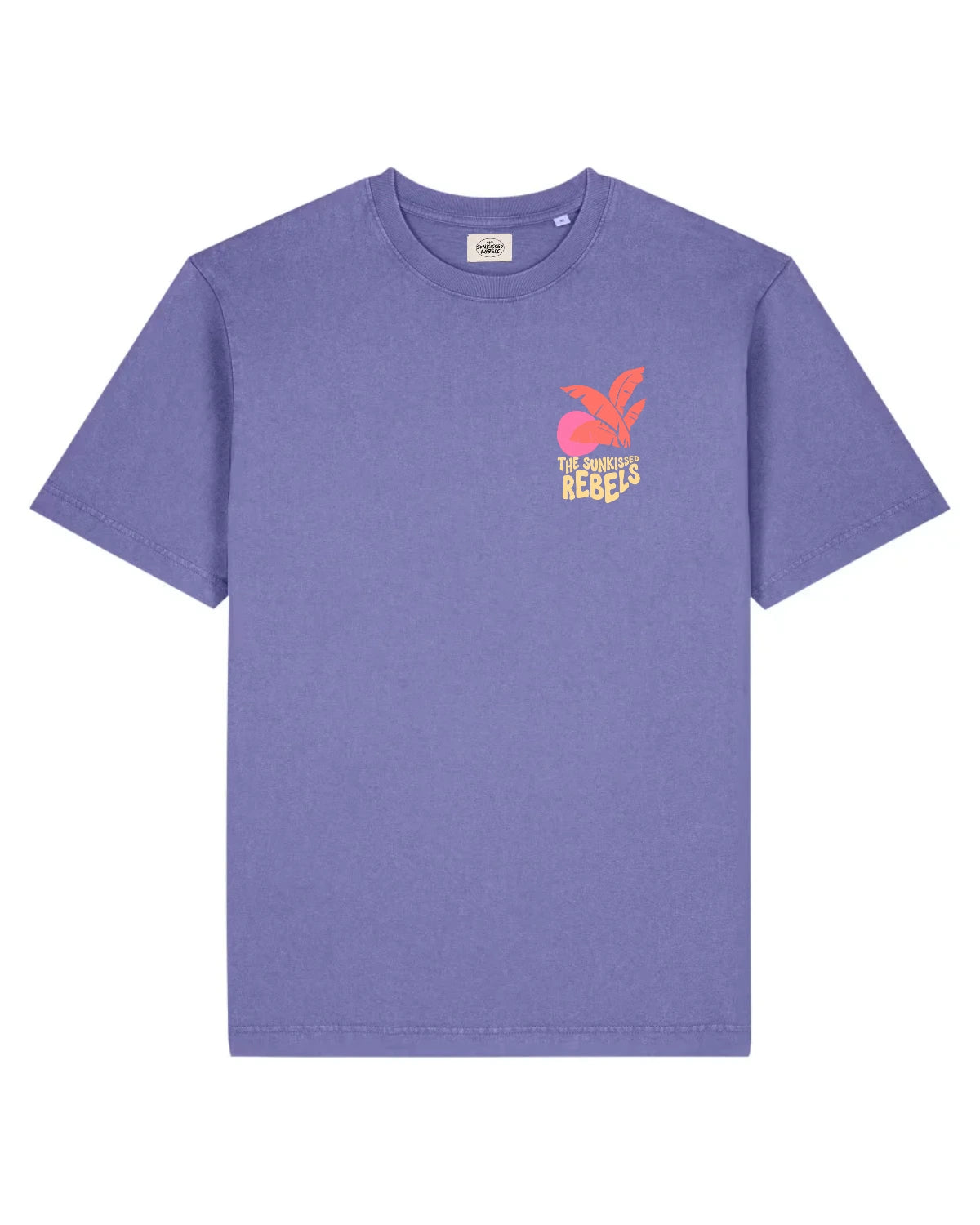 Sunkissed Rebels Heavy Tee in Vintage Violet – violettes Oversized T-Shirt mit kleinem Palmen- und Sonnenprint auf der Brust.