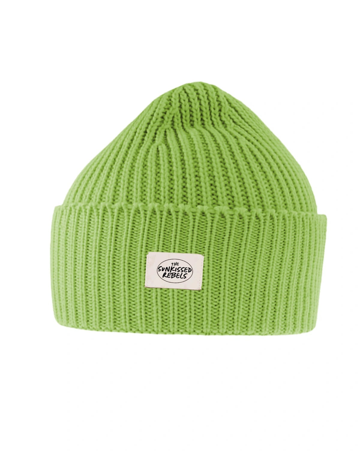 Lime Punch Beanie von The Sunkissed Rebels aus gerippter Strickstruktur vor weißem Hintergrund