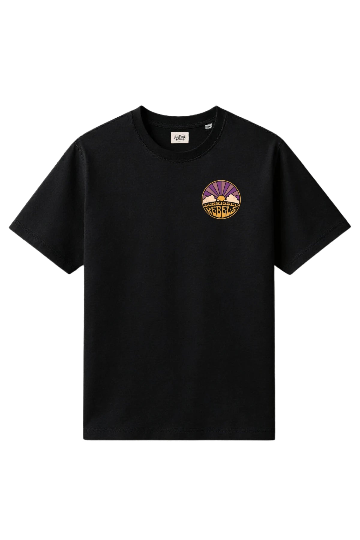 Sunkissed Rebels Oversized T-Shirt in Schwarz mit kleiner Brustgrafik im Retro-Stil.