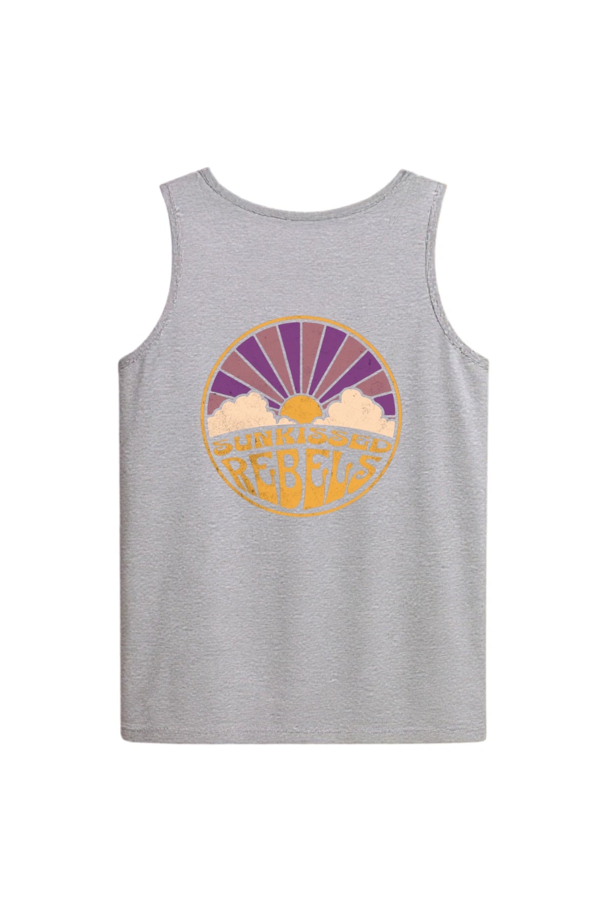 Sunkissed Rebels Tank Top in Grau – Rückansicht mit großem Retro-Sunset-Print.
