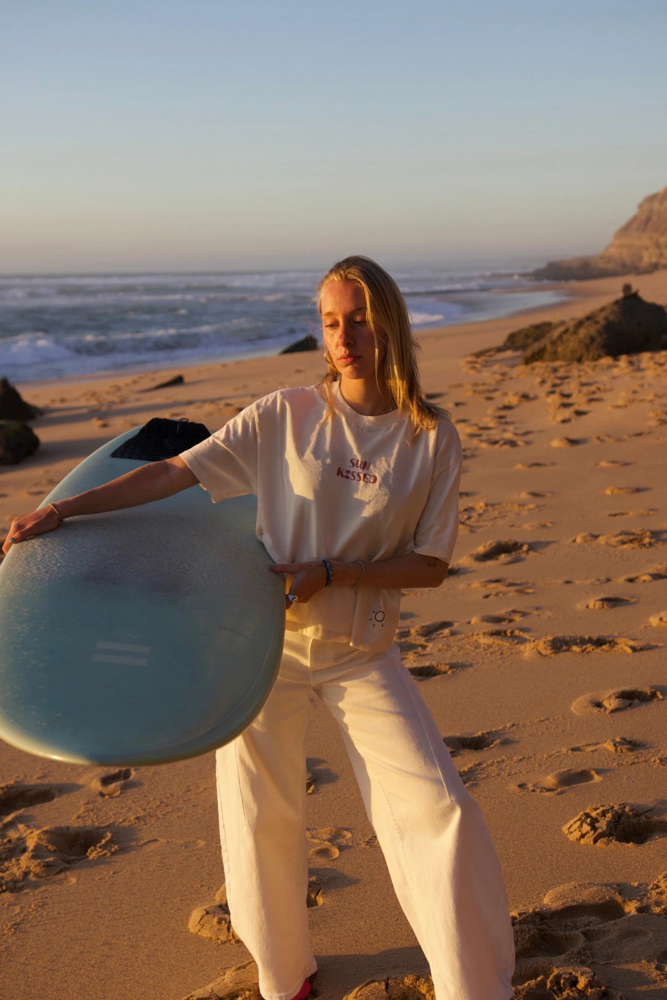 SUNKISSED Short T-Shirt Natural Raw woman with surfboard beach sunset