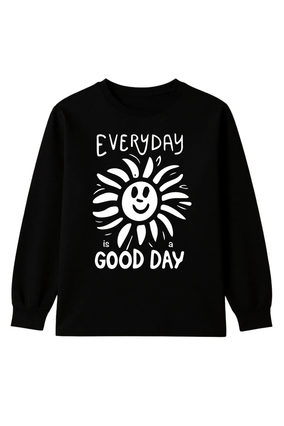 Rückansicht des schwarzen The Sunkissed Rebels Longsleeves mit großem weißen Print „Everyday is a Good Day“ und lächelnder Sonne.