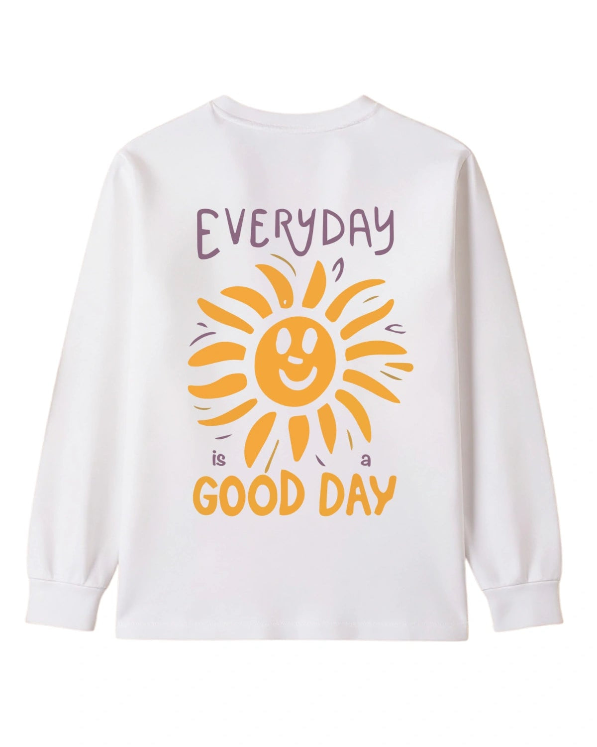 Rückansicht des weißen The Sunkissed Rebels Longsleeves mit buntem „Everyday is a Good Day“-Print und lachender Sonne in Gelb und Lila.