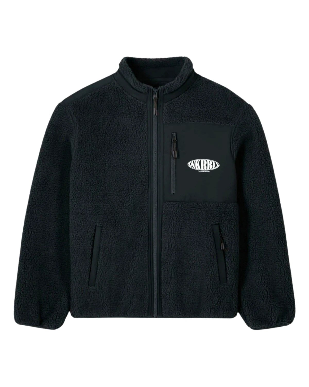 Vorderansicht der schwarzen The Sunkissed Rebels Fleece Jacke mit Reißverschluss, Brusttasche und Logo-Print.