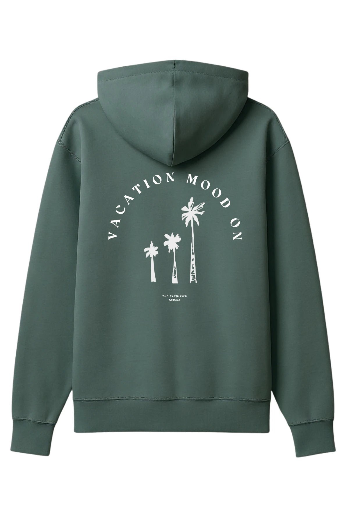Rückansicht des grünen The Sunkissed Rebels Hoodies mit weißem Palmenprint und dem Schriftzug „Vacation Mood On“.
